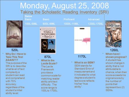 Monday, August 25, 2008 Taking the Scholastic Reading Inventory (SRI) 520L 1260L 1170L 870L *Why Do I Have to Take This Test AGAIN?!? The purpose of the.