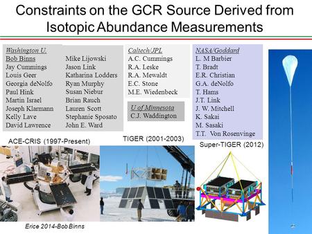 1 Washington U. Bob Binns Jay Cummings Louis Geer Georgia deNolfo Paul Hink Martin Israel Joseph Klarmann Kelly Lave David Lawrence Caltech/JPL A.C. Cummings.