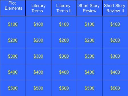 $200 $300 $400 $500 $100 $200 $300 $400 $500 $100 $200 $300 $400 $500 $100 $200 $300 $400 $500 $100 $200 $300 $400 $500 $100 Plot Elements Literary Terms.