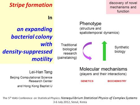 Stripe formation In an expanding bacterial colony with density-suppressed motility The 5 th KIAS Conference on Statistical Physics: Nonequilibrium Statistical.