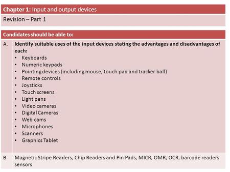 Chapter 1: Input and output devices Revision – Part 1