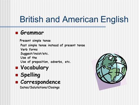 British and American English Grammar Present simple tense Past simple tense instead of present tense Verb forms Suggest/insist/etc. Use of the Use of preposition,