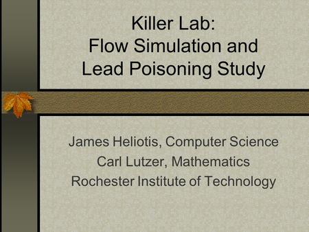 Killer Lab: Flow Simulation and Lead Poisoning Study James Heliotis, Computer Science Carl Lutzer, Mathematics Rochester Institute of Technology.