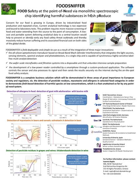 FOODSNIFFER FOOD Safety at the point-of-Need via monolithic spectroscopic chip identiFying harmFul substances in frEsh pRoduce NCSR ‘Demokritos’, Greece.