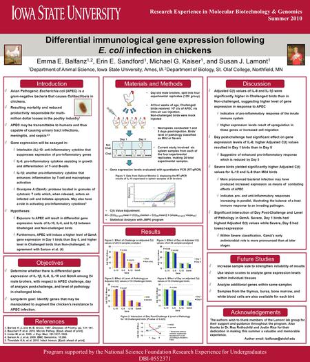 Research Experience in Molecular Biotechnology & Genomics Summer 2010 Emma E. Balfanz 1,2, Erin E. Sandford 1, Michael G. Kaiser 1, and Susan J. Lamont.