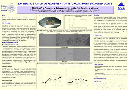 BACTERIAL BIOFILM DEVELOPMENT ON HYDROXYAPATITE-COATED GLASS Aim Evaluate hydroxyapatite-coated glass as an alternative substratum for modeling primary.