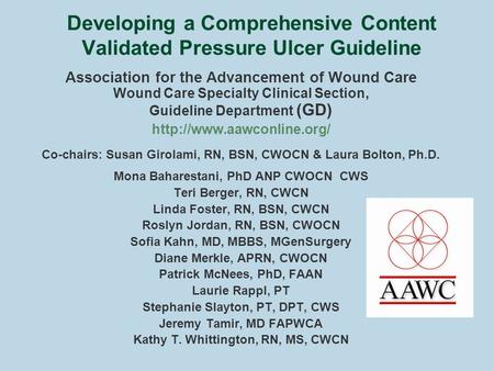 Developing a Comprehensive Content Validated Pressure Ulcer Guideline Association for the Advancement of Wound Care Wound Care Specialty Clinical Section,