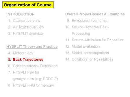 Organization of Course INTRODUCTION 1.Course overview 2.Air Toxics overview 3.HYSPLIT overview HYSPLIT Theory and Practice 4.Meteorology 5.Back Trajectories.