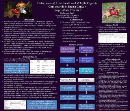 Obtain resected tissue from Breast Cancer Research foundation Obtain 5+ canines (6mos-1yr), mix of Labradors and German shepherds Train canines to indicate.