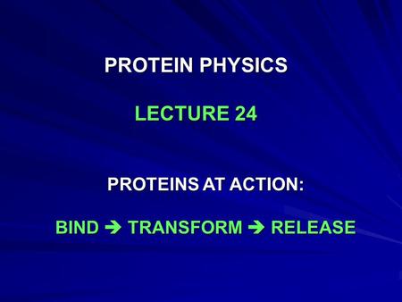 PROTEIN PHYSICS LECTURE 24 PROTEINS AT ACTION: BIND  TRANSFORM  RELEASE.