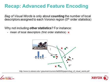 Recap: Advanced Feature Encoding Bag of Visual Words is only about counting the number of local descriptors assigned to each Voronoi region (0 th order.