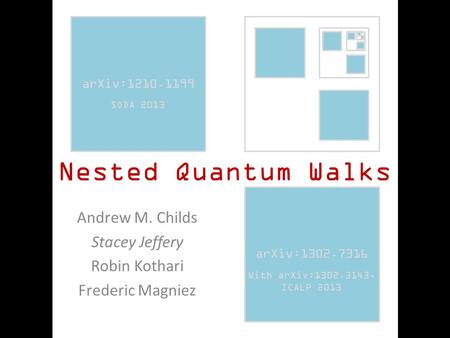 Nested Quantum Walks Andrew M. Childs Stacey Jeffery Robin Kothari Frederic Magniez QIP 2014 arXiv:1210.1199 arXiv:1302.7316 arXiv:1210.1199 SODA 2013.