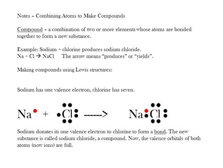 Notes – Combining Atoms to Make Compounds Compound – a combination of two or more elements whose atoms are bonded together to form a new substance. Example: