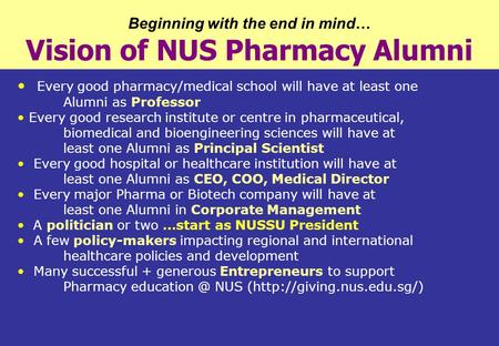 Beginning with the end in mind… Vision of NUS Pharmacy Alumni