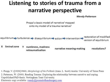 Listening to stories of trauma from a narrative perspective Wendy Patterson Propp’s classic model of narrative 1 mapped onto my model of a trauma narrative.