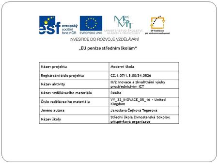 Název projektuModerní škola Registrační číslo projektuCZ.1.07/1.5.00/34.0526 Název aktivity III/2 Inovace a zkvalitnění výuky prostřednictvím ICT Název.