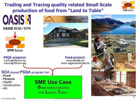 14. Novemberl 2006ITI: OASIS BCM-EPR SC ( eFolder ISR ) 1 Trading and Tracing quality related Small Scale production of food from “Land to Table” Food-project: