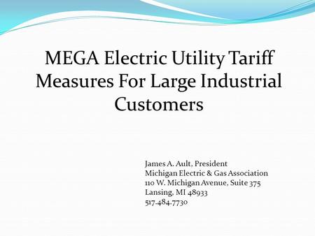 MEGA Electric Utility Tariff Measures For Large Industrial Customers James A. Ault, President Michigan Electric & Gas Association 110 W. Michigan Avenue,