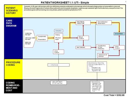 CODING REIMBURSE- MENT AND COST PROCEDURE CODING PATIENT SCENARIO HISTORY 1 CARE PATH DIAGRAM PATIENT WORKSHEET 1.1: UTI - Simple Cost Total = $352.68.