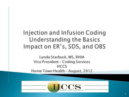 Lynda Starbuck, MS, RHIA Vice President – Coding Services HCCS Home Town Health – August, 2012 1.