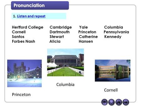 Pronunciation Hertford College Cambridge Yale Columbia Cornell Dartmouth Princeton Pennsylvania Santos Stewart Catherine Kennedy Forbes Nash Alicia Hansen.