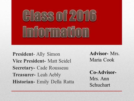 President- Ally Simon Vice President- Matt Seidel Secretary- Cade Rousseau Treasurer- Leah Aebly Historian- Emily Della Ratta Advisor- Mrs. Maria Cook.