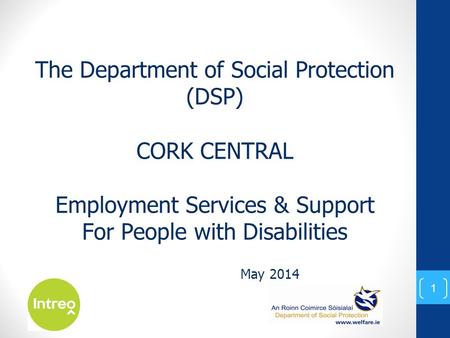 May 2014 The Department of Social Protection (DSP) CORK CENTRAL Employment Services & Support For People with Disabilities 1.