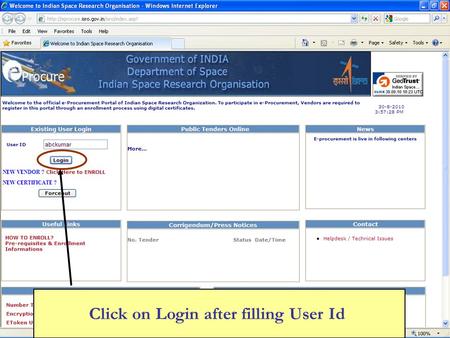 Click on Login after filling User Id. Click on Select Certificate.