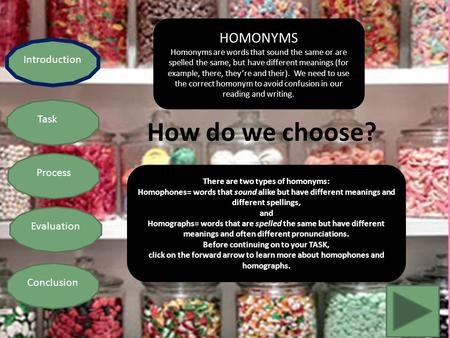 Introduction Task Process Evaluation Conclusion Introduction Task Process Evaluation Conclusion How do we choose? There are two types of homonyms: Homophones=