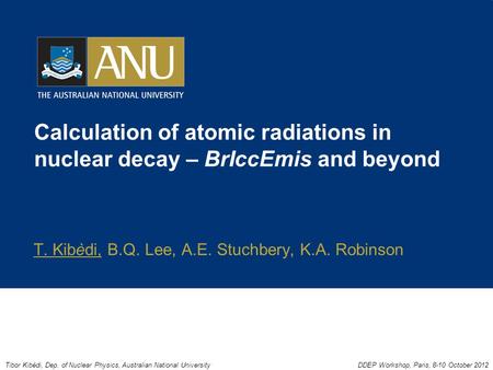 Calculation of atomic radiations in nuclear decay – BrIccEmis and beyond T. Kibèdi, B.Q. Lee, A.E. Stuchbery, K.A. Robinson Tibor Kibèdi, Dep. of Nuclear.