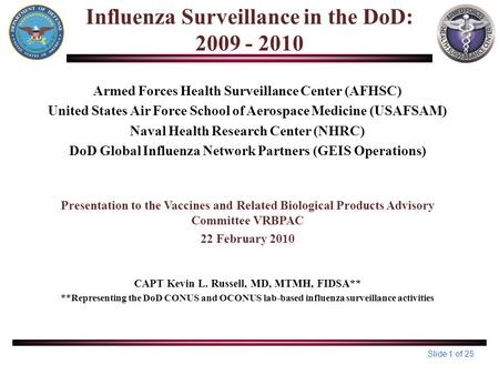 Slide 1 of 25 Influenza Surveillance in the DoD: 2009 - 2010 Armed Forces Health Surveillance Center (AFHSC) United States Air Force School of Aerospace.