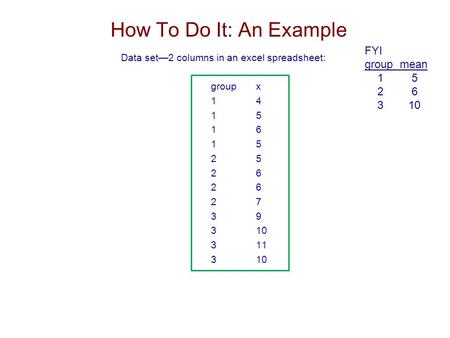 Data set—2 columns in an excel spreadsheet: groupx 14 15 1 6 15 25 2 6 27 39 310 3 11 3 10 How To Do It: An Example FYI group mean 1 5 2 6 3 10.