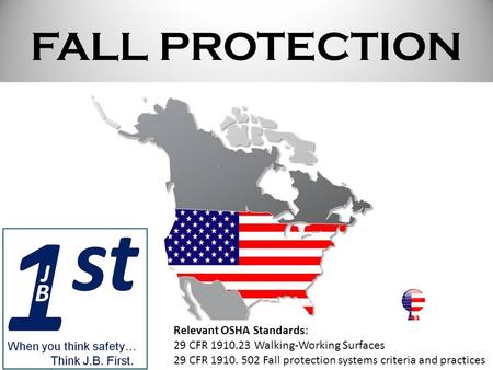 FALL PROTECTION Relevant OSHA Standards: 29 CFR 1910.23 Walking-Working Surfaces 29 CFR 1910. 502 Fall protection systems criteria and practices.