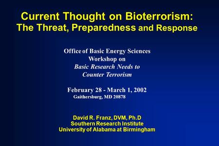 Current Thought on Bioterrorism: The Threat, Preparedness and Response Office of Basic Energy Sciences Workshop on Basic Research Needs to Counter Terrorism.