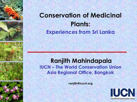 Conservation of Medicinal Plants: Experiences from Sri Lanka Ranjith Mahindapala IUCN – The World Conservation Union Asia Regional Office, Bangkok