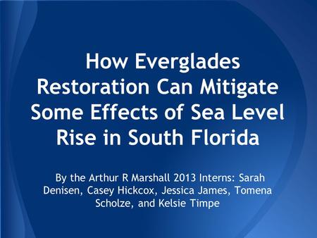 How Everglades Restoration Can Mitigate Some Effects of Sea Level Rise in South Florida By the Arthur R Marshall 2013 Interns: Sarah Denisen, Casey Hickcox,