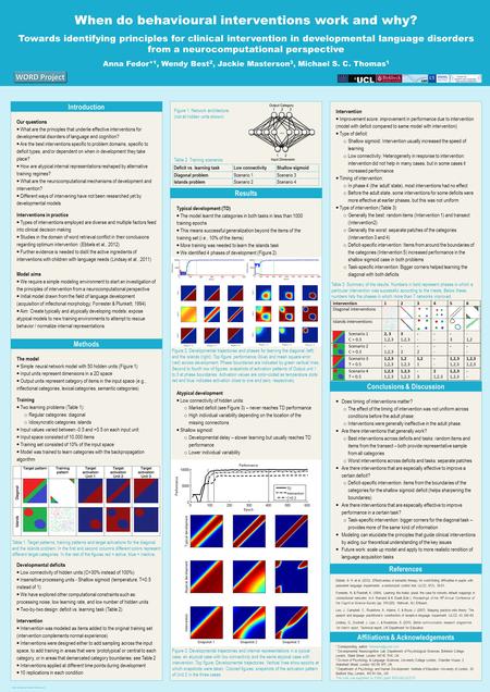 Poster template by ResearchPosters.co.za When do behavioural interventions work and why? Towards identifying principles for clinical intervention in developmental.