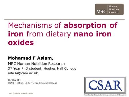 Mechanisms of absorption of iron from dietary nano iron oxides Mohamad F Aslam, MRC Human Nutrition Research 3 rd Year PhD student, Hughes Hall College.