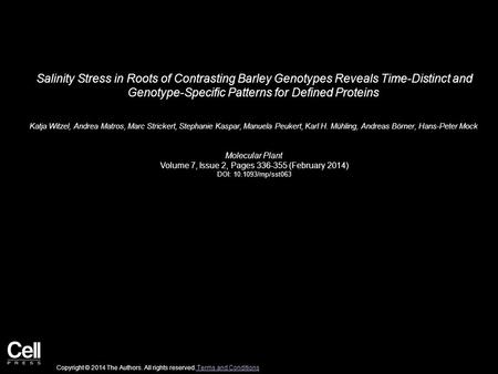 Salinity Stress in Roots of Contrasting Barley Genotypes Reveals Time-Distinct and Genotype-Specific Patterns for Defined Proteins Katja Witzel, Andrea.