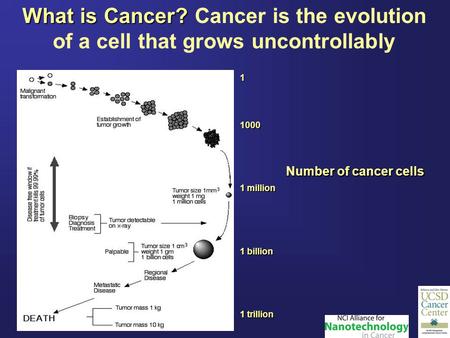 What is Cancer? What is Cancer? Cancer is the evolution of a cell that grows uncontrollably11000 1 million 1 billion 1 trillion Number of cancer cells.