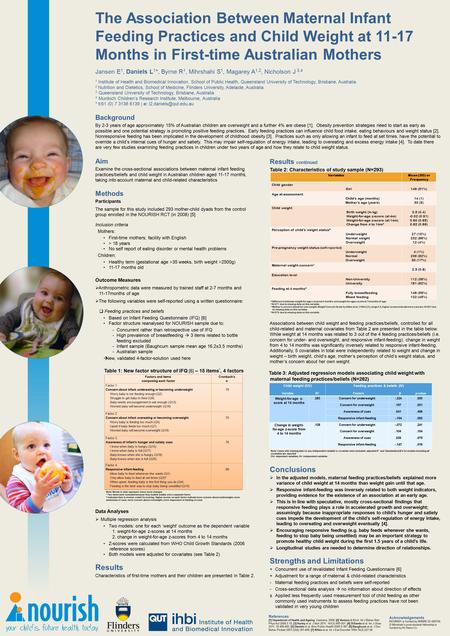 The Association Between Maternal Infant Feeding Practices and Child Weight at 11-17 Months in First-time Australian Mothers Jansen E 1, Daniels L 1 *,