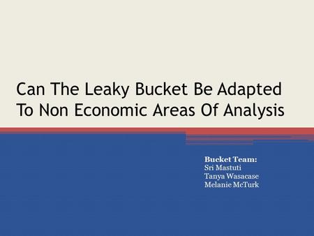 Can The Leaky Bucket Be Adapted To Non Economic Areas Of Analysis Bucket Team: Sri Mastuti Tanya Wasacase Melanie McTurk.