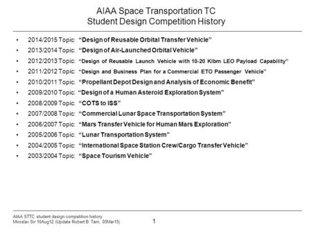 1 AIAA STTC student design competition history Miroslav Sir 10Aug12 (Update Robert B. Tarn, 05Mar15) AIAA Space Transportation TC Student Design Competition.