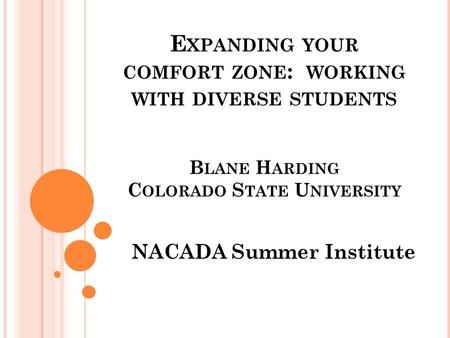 E XPANDING YOUR COMFORT ZONE : WORKING WITH DIVERSE STUDENTS B LANE H ARDING C OLORADO S TATE U NIVERSITY NACADA Summer Institute.