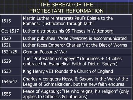 THE SPREAD OF THE PROTESTANT REFORMATION 1515 Martin Luther reinterprets Paul’s Epistle to the Romans: “justification through faith” Oct 1517Luther distributes.