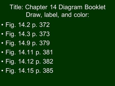 Title: Chapter 14 Diagram Booklet Draw, label, and color: Fig. 14.2 p. 372 Fig. 14.3 p. 373 Fig. 14.9 p. 379 Fig. 14.11 p. 381 Fig. 14.12 p. 382 Fig. 14.15.