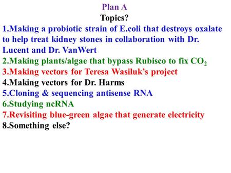 Plan A Topics? 1.Making a probiotic strain of E.coli that destroys oxalate to help treat kidney stones in collaboration with Dr. Lucent and Dr. VanWert.