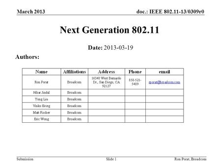 Doc.: IEEE 802.11-13/0309r0 Submission March 2013 Ron Porat, Broadcom Next Generation 802.11 Date: 2013-03-19 Authors: Slide 1.