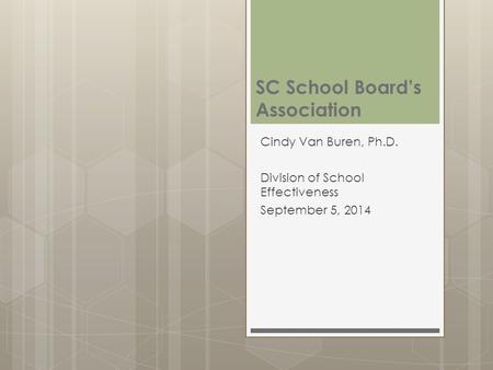 SC School Board’s Association Cindy Van Buren, Ph.D. Division of School Effectiveness September 5, 2014.