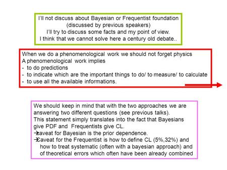 I’ll not discuss about Bayesian or Frequentist foundation (discussed by previous speakers) I’ll try to discuss some facts and my point of view. I think.